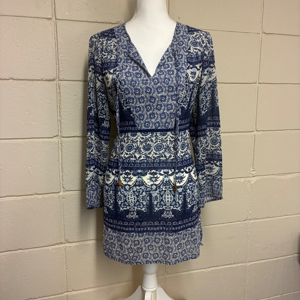 Bohemian Peasant Womens Tunic Medium Blue Paisley Wooden Tassel Artisan BohoChic